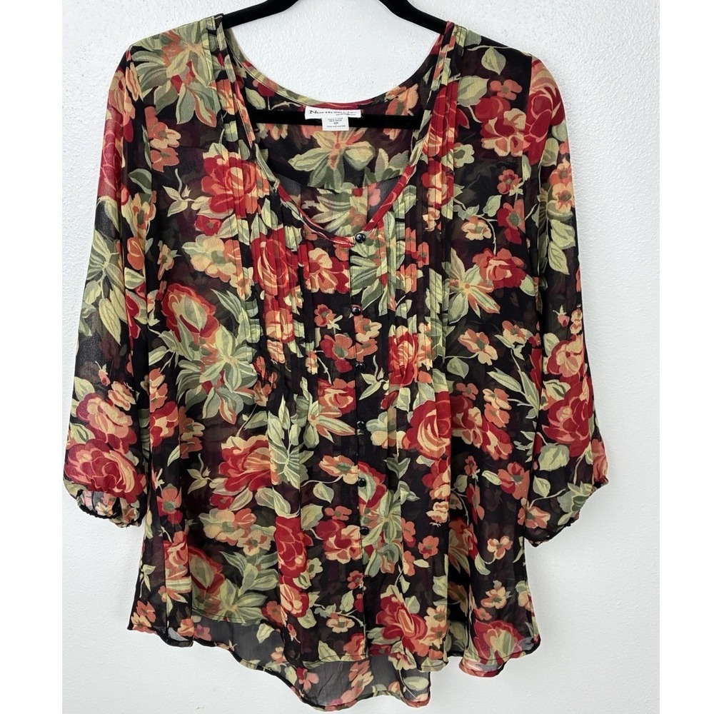 Northstyle Sheer Floral Blouse Dark Romantic Goth Pintuck Pleat Boho Top SZ L